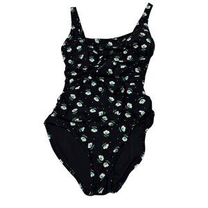 Anne Cole Black Floral One-Piece Swimsuit Adjustable Straps Ruched Detail Sz 10